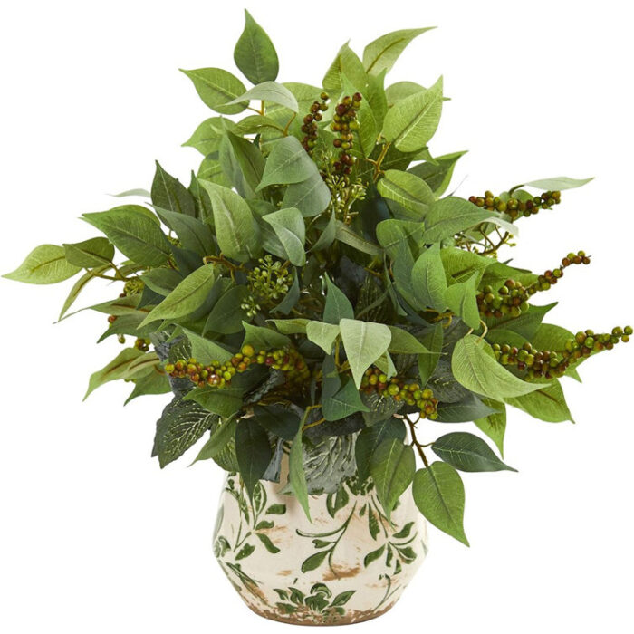 13” Faux Foliage Plant in Ceramic Decorative Vase - Chic Decora