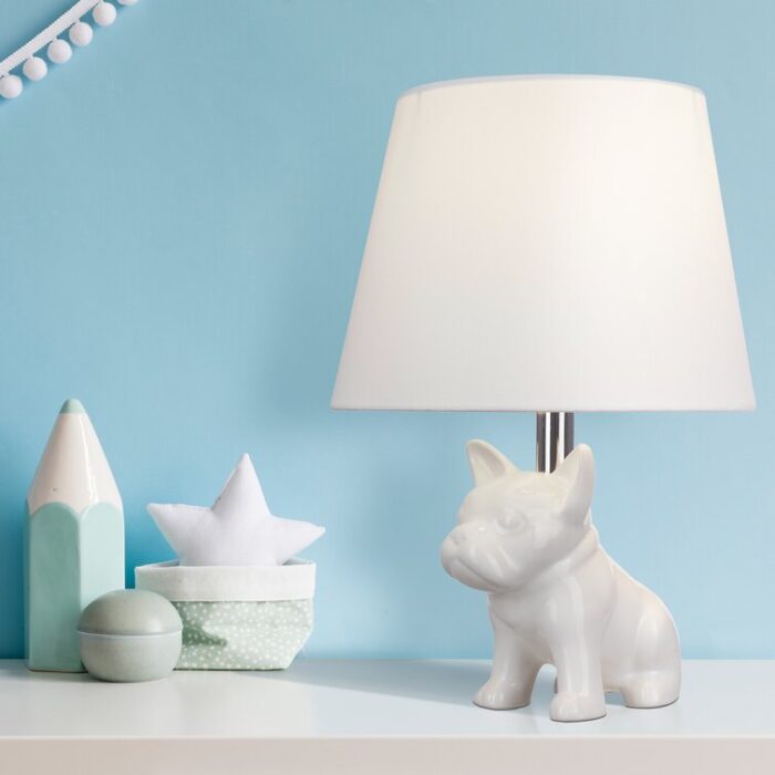 15.5″ Whimsical Ceramic French Bulldog Table Lamp, White - Chic Decora