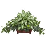 14” Faux Flowering Plant in Wood Planter - Chic Decora