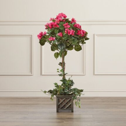 34” Faux Flowering Topiary in Wood Basket - Chic Decora