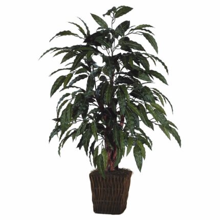 4′ Artificial Mango Bush, Square Willow Basket. - Chic Decora