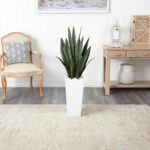 48” Faux Sansevieria Plant in Stone Planter - Chic Decora