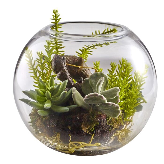 6.5” Faux Succulent Plant in Glass Decorative Vase - Chic Decora