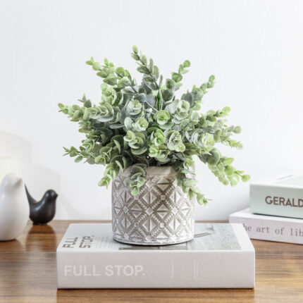 8.07” Faux Eucalyptus Plant in Cement Pot - Chic Decora