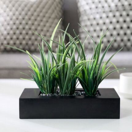 9.05” Faux Onion Grass Plant in Wood Planter - Chic Decora