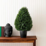 Arryana Artificial Wide Cedar Teardrop Shaped Bush, Black Plastic Pot - Chic Decora