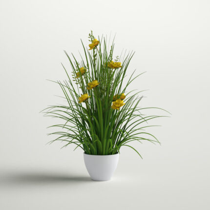 Artificial Potted Yellow Cosmos and Green Grass. - Chic Decora