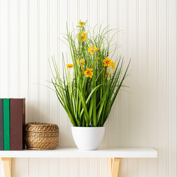 Artificial Potted Yellow Cosmos and Green Grass. - Chic Decora