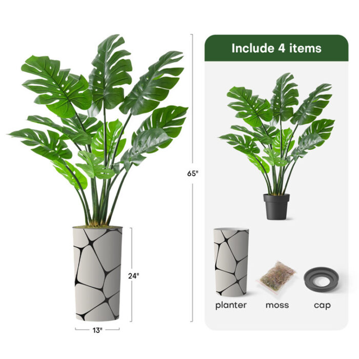 Artificial Tree In Modern Planter, Fake Monstera Silk Tree Home Decoration (Plant Pot Plus Tree) - Chic Decora