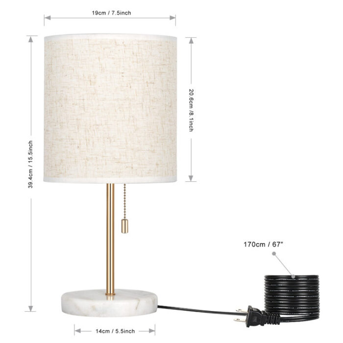 Bedside Table Lamp with Marble Base and Fabric Linen Shape for Bedroom, Dormitory and Living Room - Chic Decora