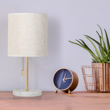 Bedside Table Lamp with Marble Base and Fabric Linen Shape for Bedroom, Dormitory and Living Room - Chic Decora