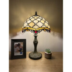 Bloomsbury Tiffany Table Lamp Beige Stained Glass Crystal Beans Included LED Bulb H 19″ - Chic Decora