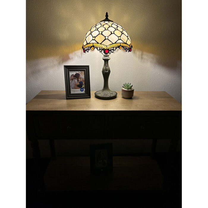 Bloomsbury Tiffany Table Lamp Beige Stained Glass Crystal Beans Included LED Bulb H 19″ - Chic Decora