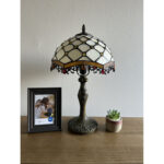 Bloomsbury Tiffany Table Lamp Beige Stained Glass Crystal Beans Included LED Bulb H 19″ - Chic Decora