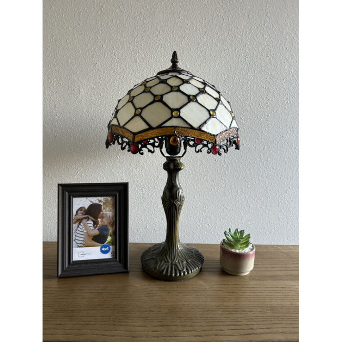 Bloomsbury Tiffany Table Lamp Beige Stained Glass Crystal Beans Included LED Bulb H 19″ - Chic Decora