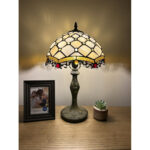 Bloomsbury Tiffany Table Lamp Beige Stained Glass Crystal Beans Included LED Bulb H 19″ - Chic Decora