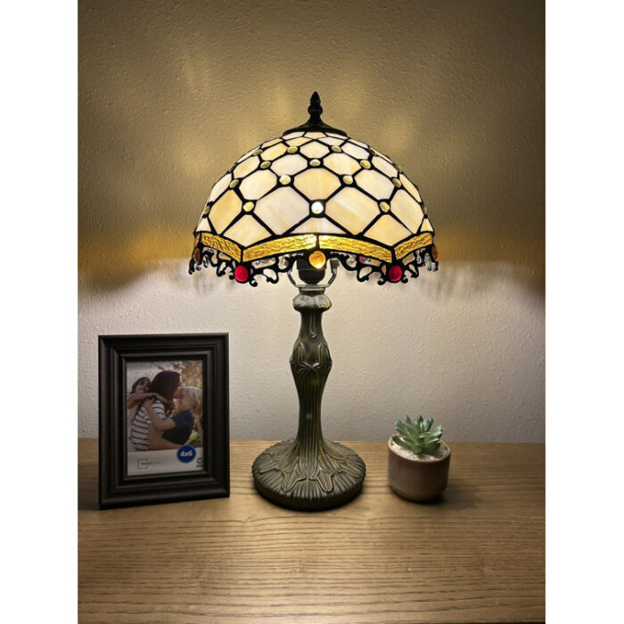 Bloomsbury Tiffany Table Lamp Beige Stained Glass Crystal Beans Included LED Bulb H 19″ - Chic Decora