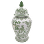 Breigha Temple Jar with Lid – Ceramic Green and White Floral Chinoiserie Decorative Stoneware for Home, Office, Gift Idea - Chic Decora