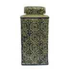 Ceramic Vase Jar with Lid, Textured Floral Carvings, Gold Green - Chic Decora