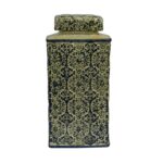 Ceramic Vase Jar with Lid, Textured Floral Carvings, Gold Green - Chic Decora