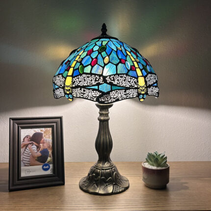 Davian Tiffany Style Table Lamp Dragonfly Stained Glass Zinc Alloy Base 19″H - Chic Decora