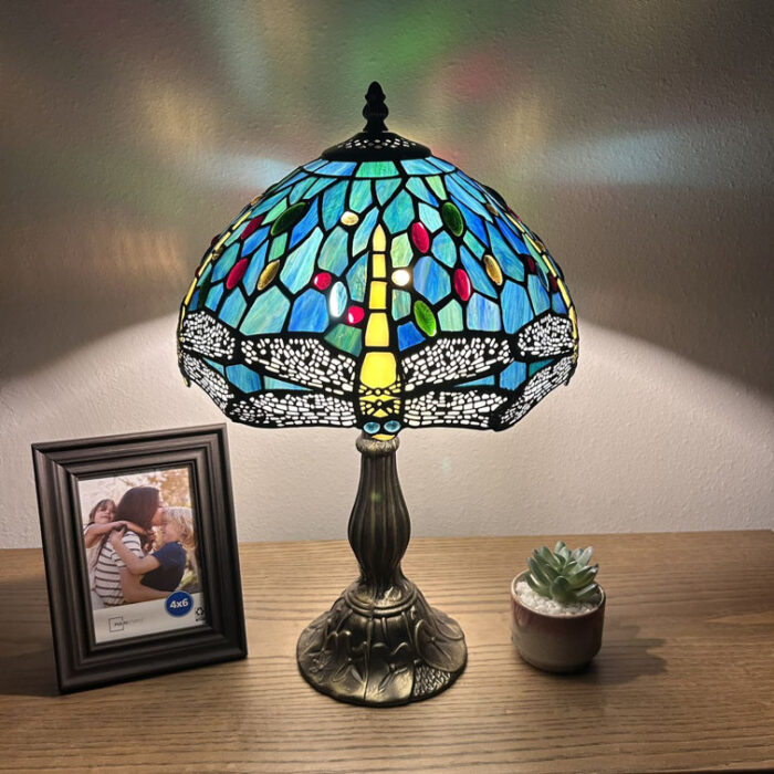 Davian Tiffany Style Table Lamp Dragonfly Stained Glass Zinc Alloy Base 19″H - Chic Decora