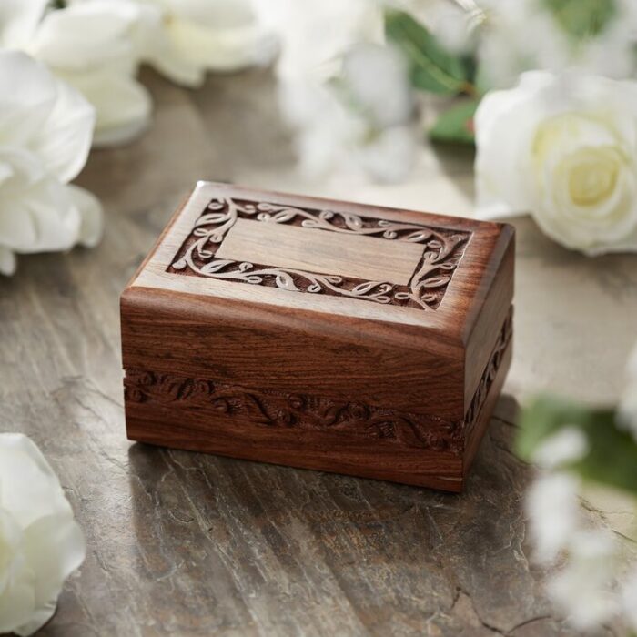 Decorative Rosewood Hand-Carved Floral Border Urn Box - Chic Decora