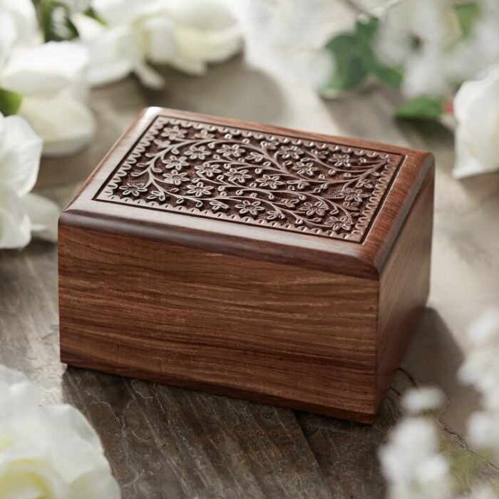 Decorative Rosewood Hand-Carved Floral Urn Box - Chic Decora