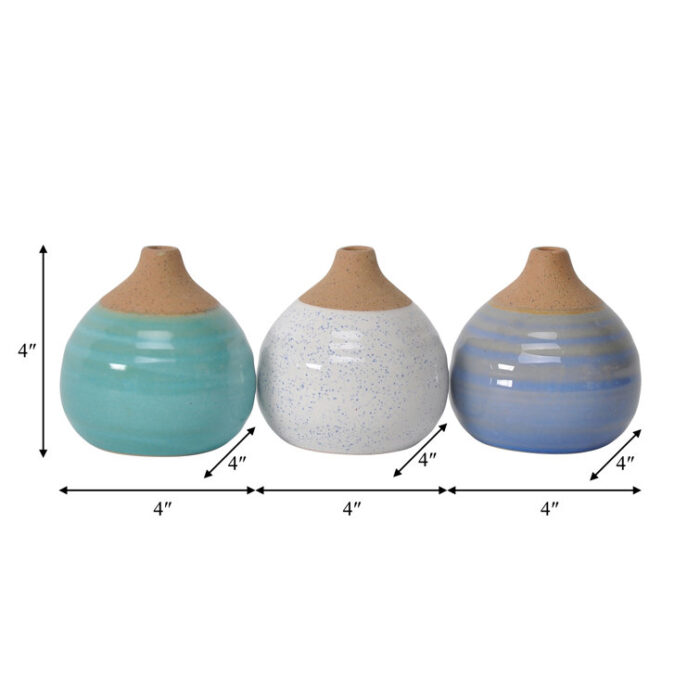 Glazed Bud Vases – Group of 3″ Ceramic Flower Vases Decorative Table Accents for Home or Office Decor - Chic Decora