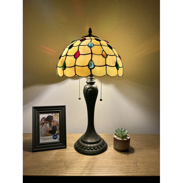 Hadria Tiffany Style Table Lamp Gold Stained Glass Crystal Beans LED Bulbs Included H22″W12″ - Chic Decora