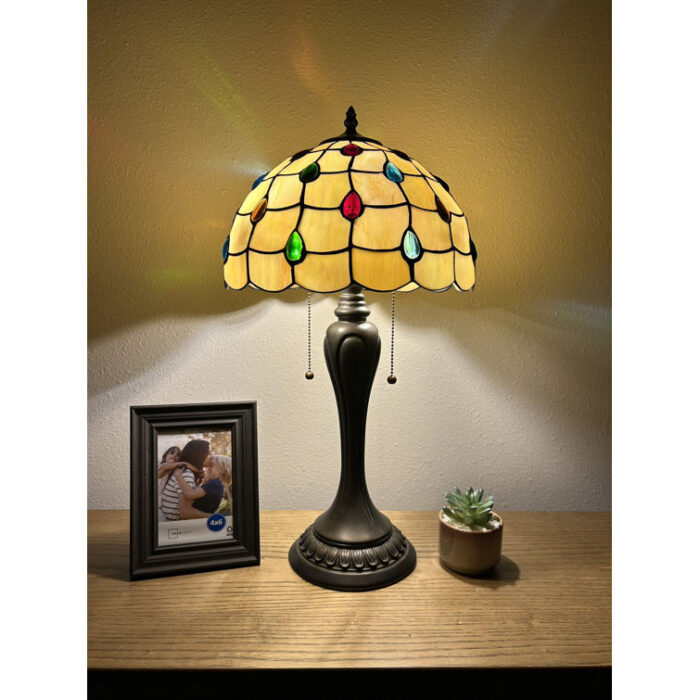 Hadria Tiffany Style Table Lamp Gold Stained Glass Crystal Beans LED Bulbs Included H22″W12″ - Chic Decora