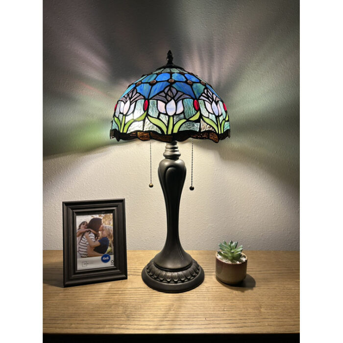 Hamal Tiffany Table Lamp Blue Purple Stained Glass Tulips, LED Bulbs Included 22″ H x 12″ W - Chic Decora