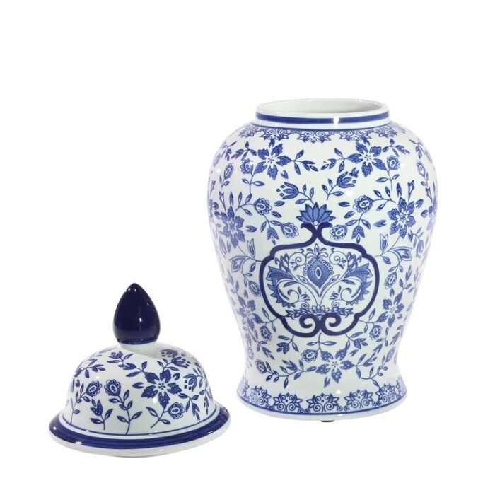 Jimerson Ceramic Temple Jar with Lid – Contemporary Vintage Style Blue and White Chinoiserie Floral Design - Chic Decora