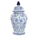 Jimerson Ceramic Temple Jar with Lid – Contemporary Vintage Style Blue and White Chinoiserie Floral Design - Chic Decora