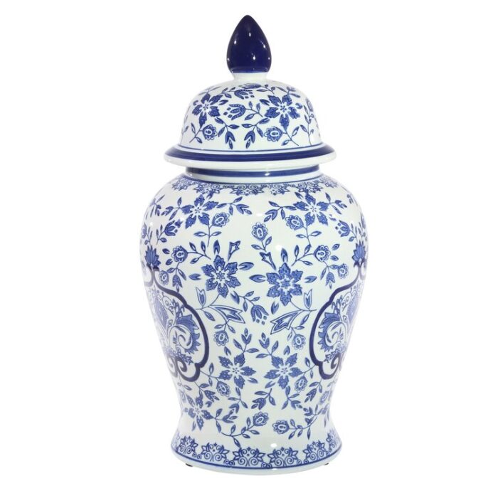 Jimerson Ceramic Temple Jar with Lid – Contemporary Vintage Style Blue and White Chinoiserie Floral Design - Chic Decora