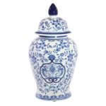 Jimerson Ceramic Temple Jar with Lid – Contemporary Vintage Style Blue and White Chinoiserie Floral Design - Chic Decora