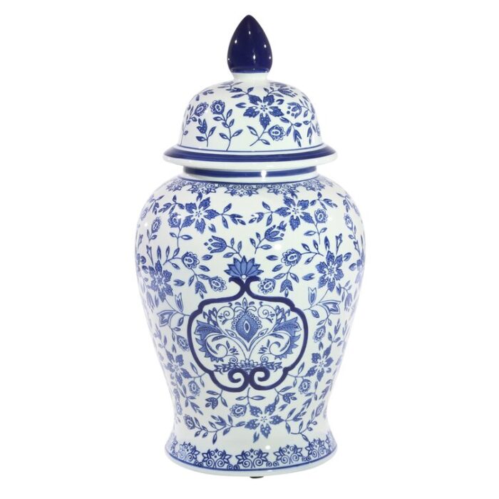 Jimerson Ceramic Temple Jar with Lid – Contemporary Vintage Style Blue and White Chinoiserie Floral Design - Chic Decora