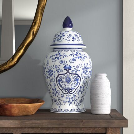 Jimerson Ceramic Temple Jar with Lid – Contemporary Vintage Style Blue and White Chinoiserie Floral Design - Chic Decora