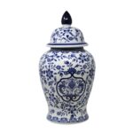 Jimerson Ceramic Temple Jar with Lid – Contemporary Vintage Style Blue and White Chinoiserie Floral Design - Chic Decora