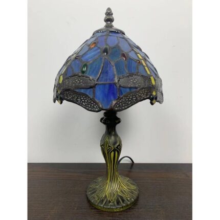 Lirette Tiffany Mini Table Lamp Dragonfly Blue Stained Glass 14″ H - Chic Decora