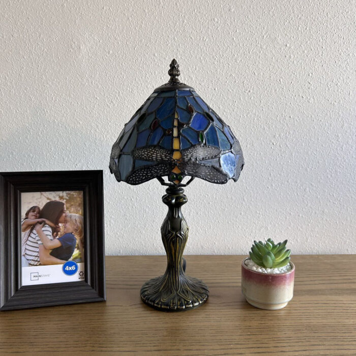 Lirette Tiffany Mini Table Lamp Dragonfly Blue Stained Glass 14″ H - Chic Decora