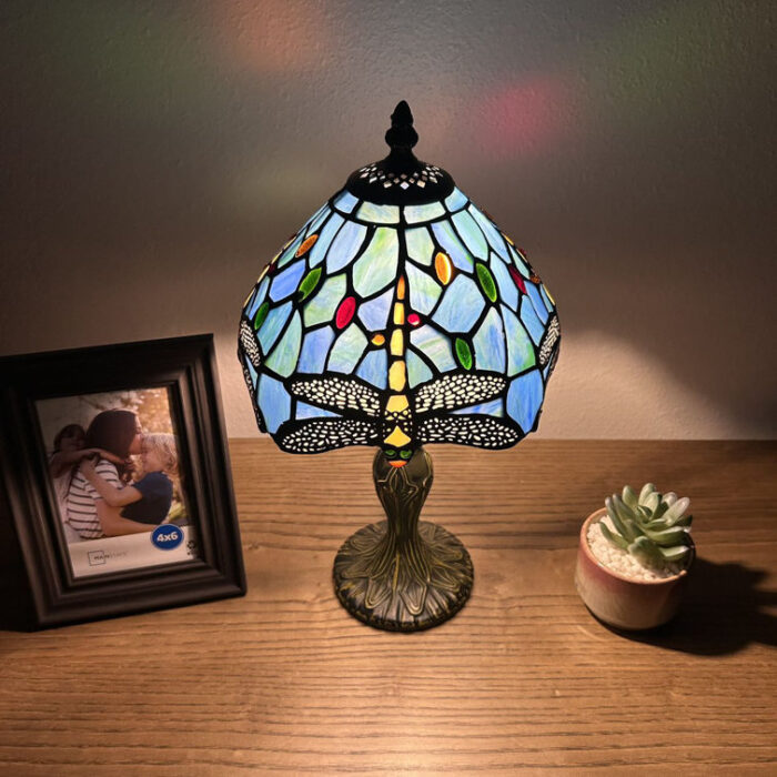 Lirette Tiffany Mini Table Lamp Dragonfly Blue Stained Glass 14″ H - Chic Decora