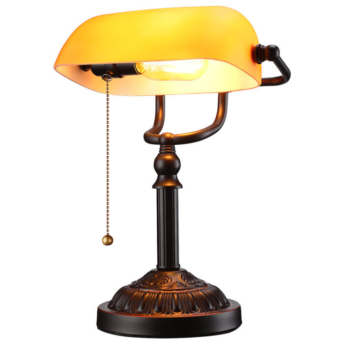 Livia Traditional Antique Style Banker Lamp, Amber Glass, Oil Rubbed Bronze Finish - Chic Decora