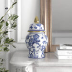 Breigha Temple Jar with Lid – Ceramic Green and White Floral Chinoiserie Decorative Stoneware for Home, Office, Gift Idea - Chic Decora