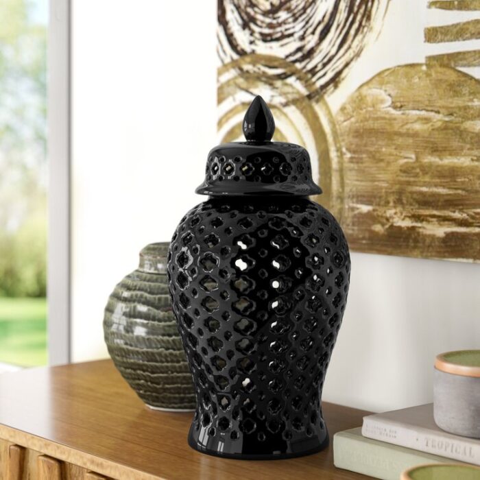 Temple Jar – Ceramic Clover Cut-Out Classic Contemporary Decorative Jar Accent – Simple Black Centerpiece Glassware Home Office Decor - Chic Decora