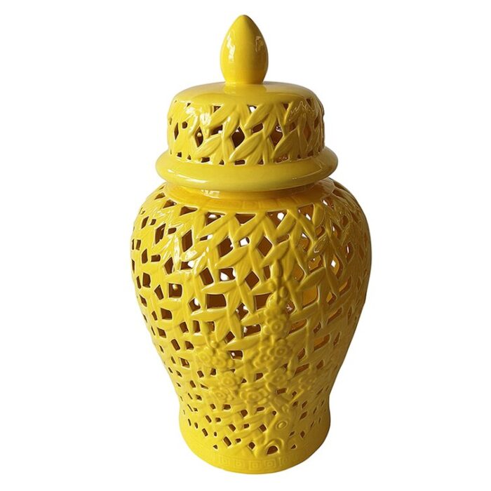 Temple Jar – Ceramic Pierced Cut-Out Classic Contemporary Decorative Jar Accent – Centerpiece Glassware Home Office Decor - Chic Decora