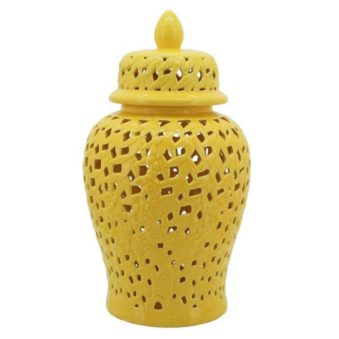 Temple Jar – Ceramic Pierced Cut-Out Classic Contemporary Decorative Jar Accent – Centerpiece Glassware Home Office Decor - Chic Decora