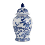 Temple Jar – White and Blue Chinoiserie Design – Contemporary Glam Ceramic Temple Jar For Indoor or Outdoor Home or Office Decor - Chic Decora