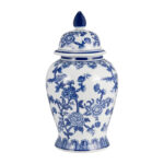 Temple Jar – White and Blue Chinoiserie Design – Contemporary Glam Ceramic Temple Jar For Indoor or Outdoor Home or Office Decor - Chic Decora