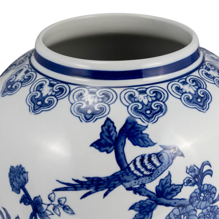 Temple Jar – White and Blue Chinoiserie Design – Contemporary Glam Ceramic Temple Jar For Indoor or Outdoor Home or Office Decor - Chic Decora